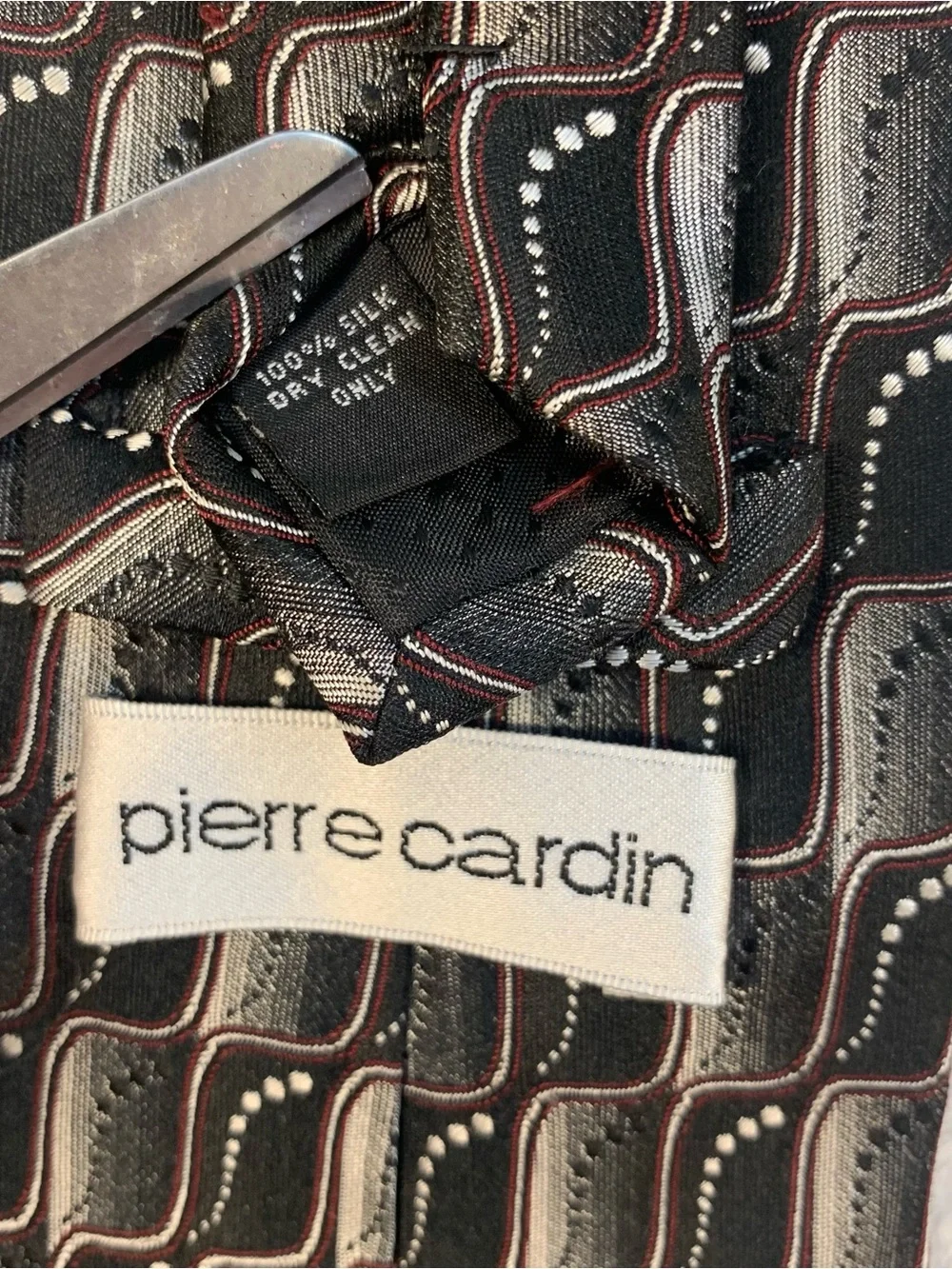 Pierre Cardin Black Geometric Pattern Tie with Gray and Burgundy 100% Silk